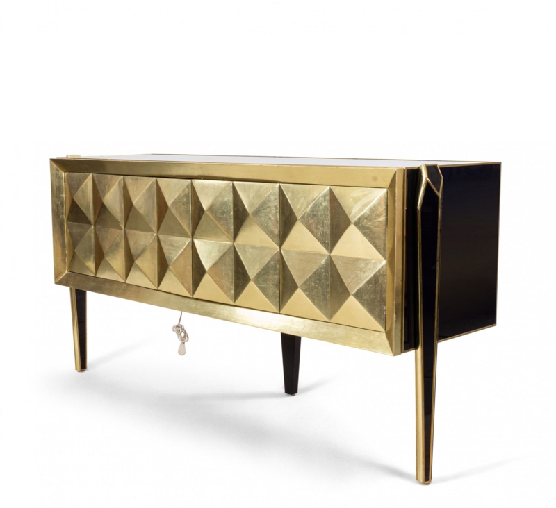 Sideboard Blue Glass Facade Brass Trim Frame Mid Century Modern