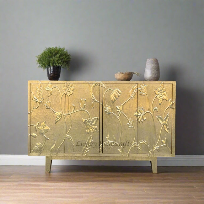 Sideboard Brass Silver Contrast Floral Embossing Traditional Glam