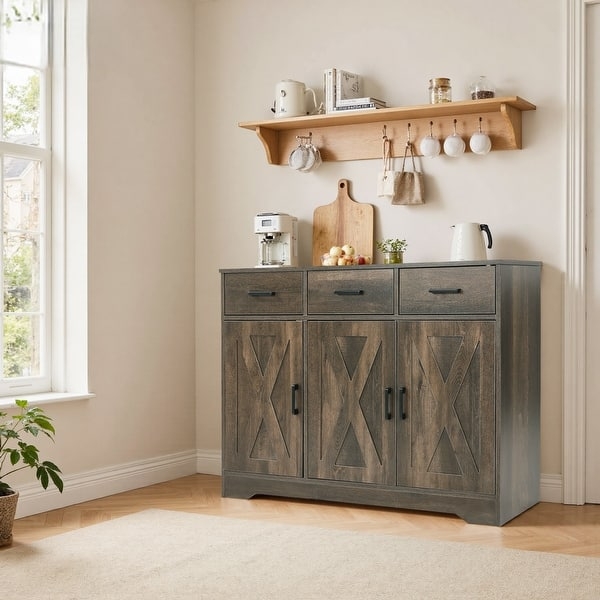 Sideboard Brown Distressed Wood Sliding Barn Doors X-Brace Detailing