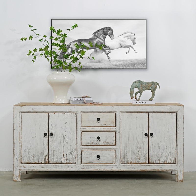 Sideboard Buffet 79 Inch Long Two Tone Distressed White Dark Wood Top
