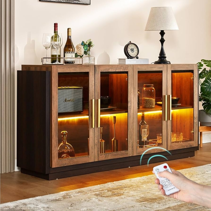 Sideboard Buffet Barnwood Finish Glass Center Doors Rustic Dining Room