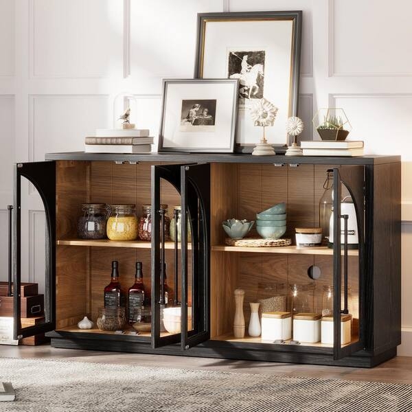 Sideboard Buffet Black Mullion Glass Doors Contrast Wood Interior