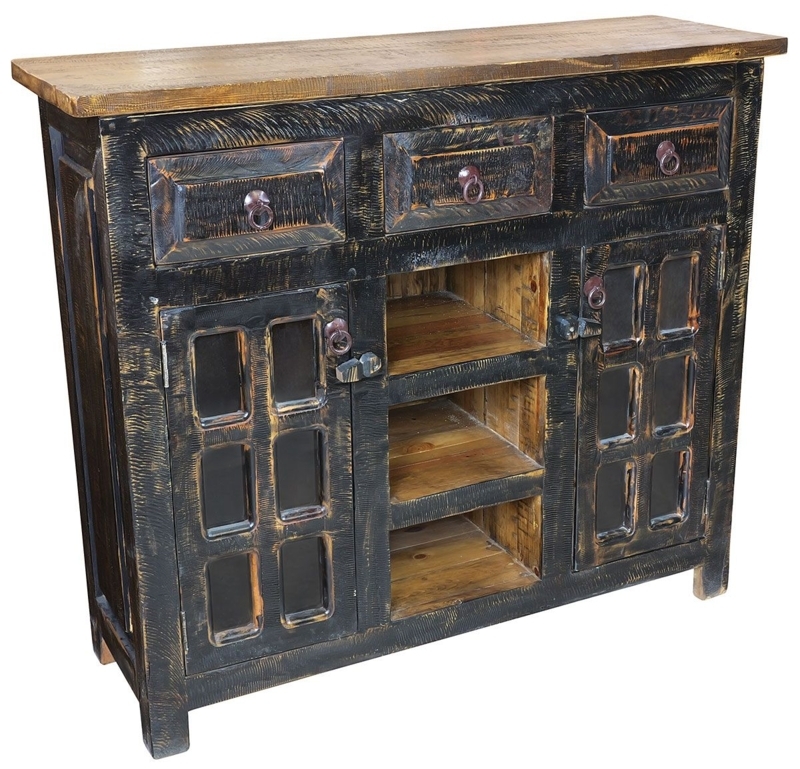 Sideboard Buffet Distressed Black Glass Doors Muntin Detail Farmhouse