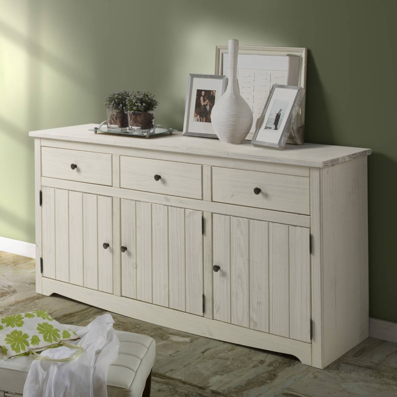 Sideboard Buffet Distressed White X Brace Glass Doors Two Tone Finish