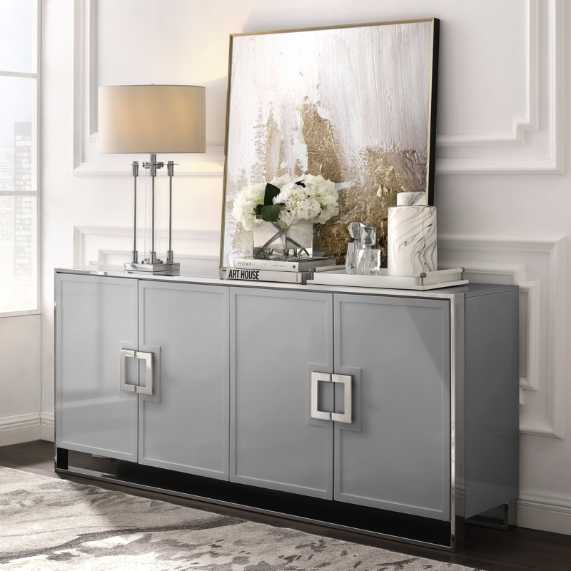 Sideboard Buffet featuring Polished Chrome Handles and Leg Tips