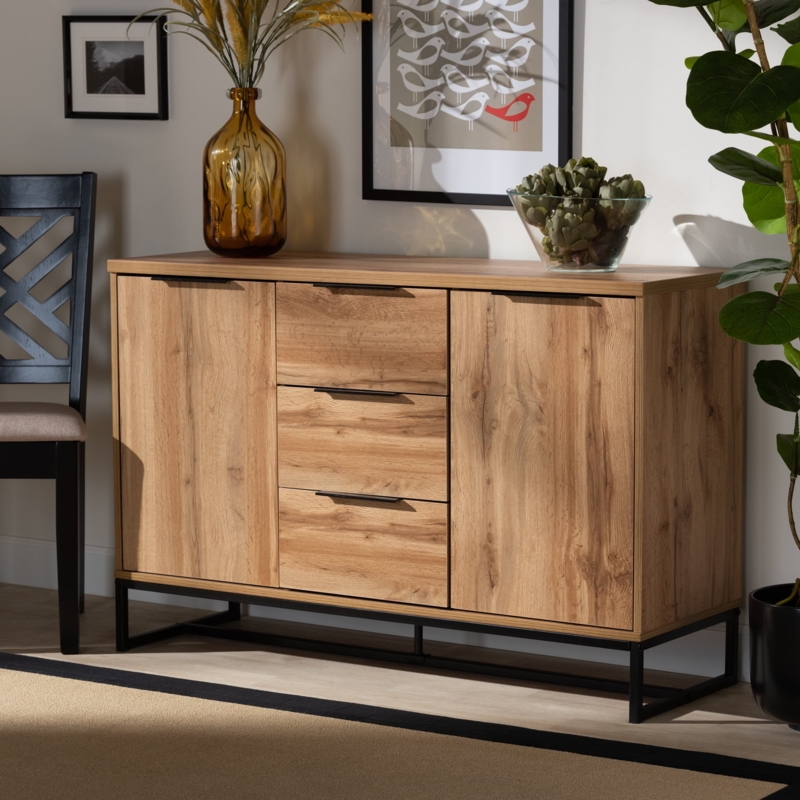 Sideboard Buffet in Oak Tone and Black Metal with Three Drawers