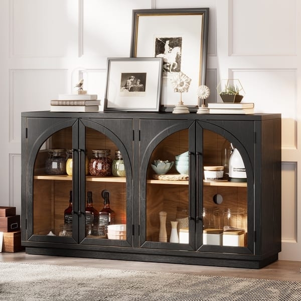 Sideboard Buffet Light Wood Arched Glass Doors Modern Coastal Storage