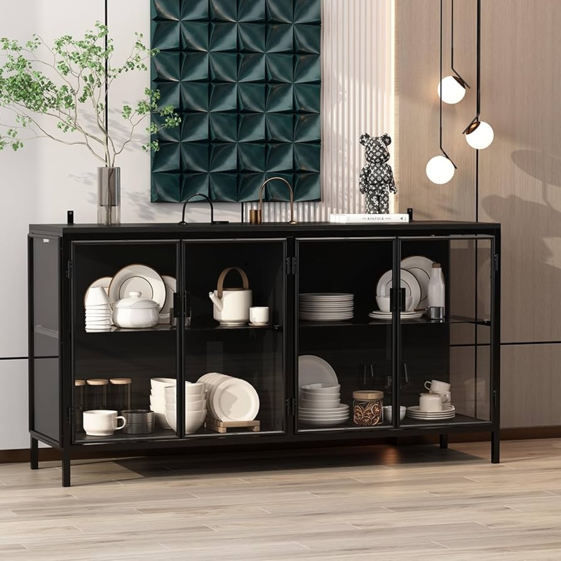 Sideboard Buffet Matte Black Integrated LED Lighting Glass Doors