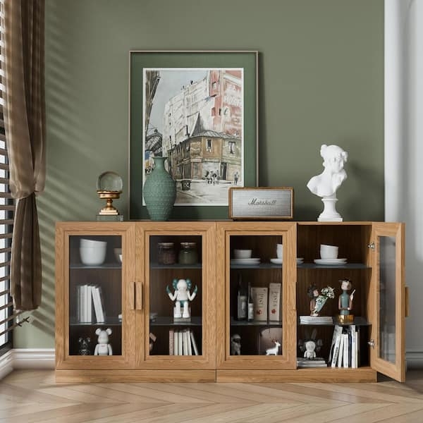 Sideboard Buffet Natural Wood Fluted Glass Doors Black Base Japandi