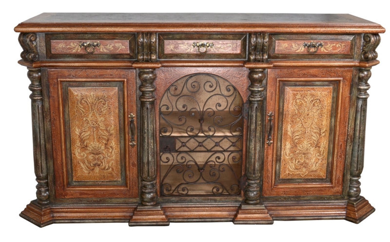 Sideboard Buffet Rustic Hand Painted Scrollwork Iron Accents