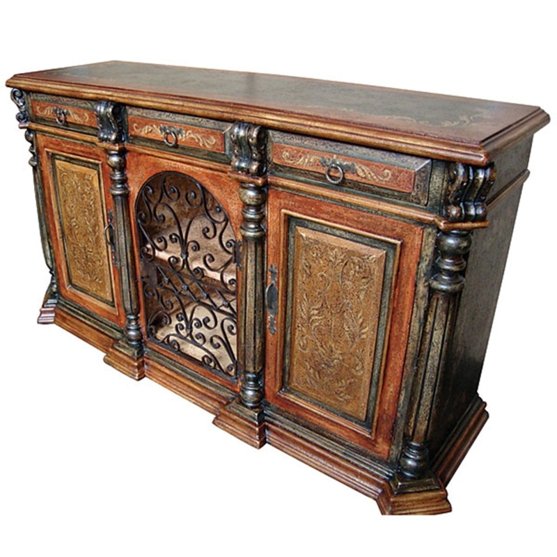 Sideboard Buffet Rustic Wrought Iron Scrollwork Doors