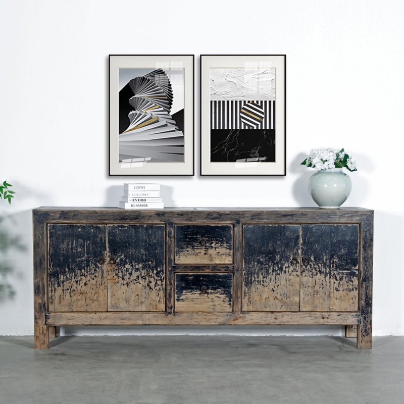 Sideboard Buffet Six Doors Distressed Black Finish Paneled Farmhouse