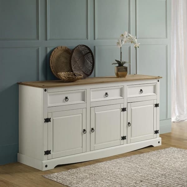 Sideboard Buffet Two Tone Distressed White Honey Oak Top Ring Pulls