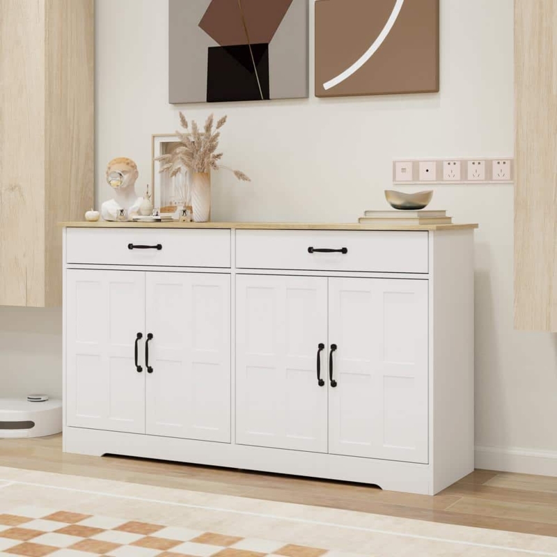 Sideboard Buffet Two Tone White Natural Wood Woven Door Panels Boho Chic