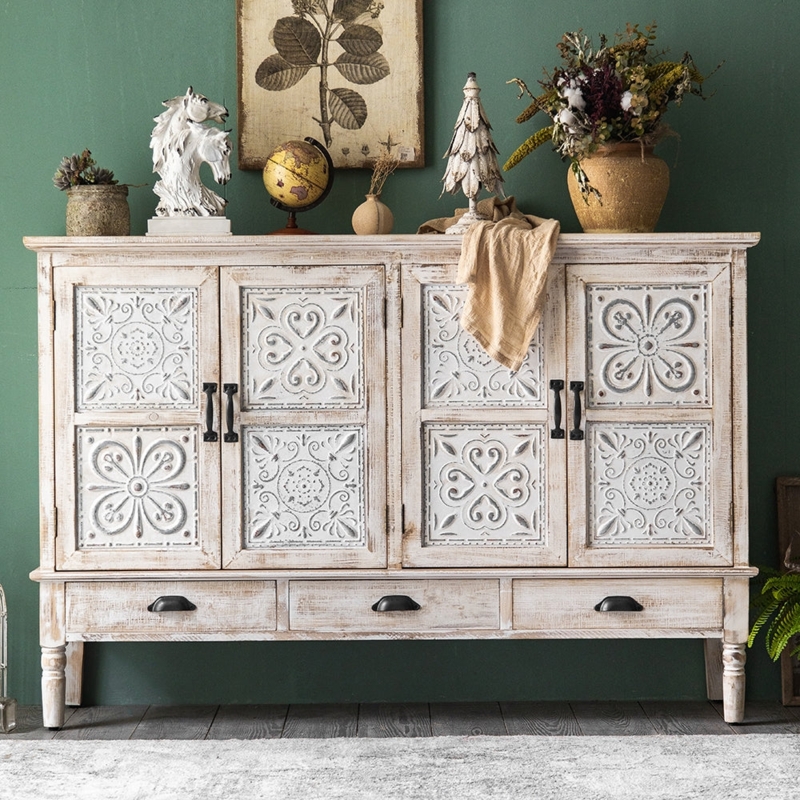Sideboard Buffet with Distressed White Finish and Carved Door Panels