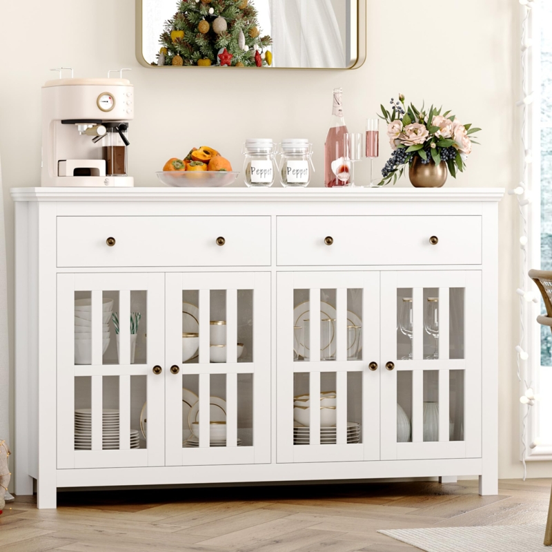 Sideboard Buffet with Ribbed Doors, Black Base & Gold Pulls