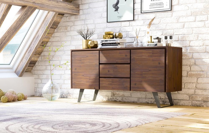 Sideboard Buffet with Slatted Doors, Distressed Charcoal Brown Finish