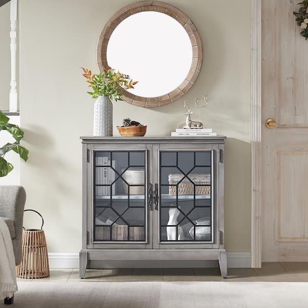 Sideboard Cabinet Antique Grey X Mullion Glass Doors Modern Farmhouse