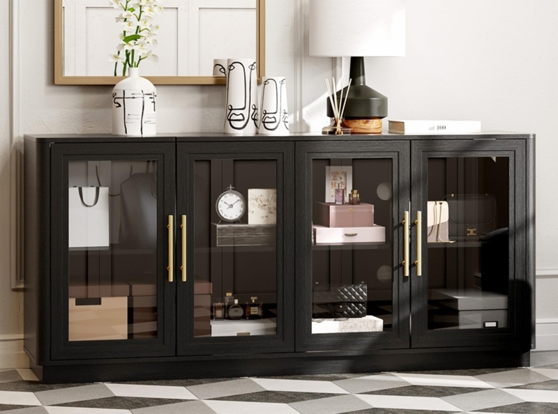 Sideboard Cabinet Black Fluted Glass Doors Gold Hardware Contemporary
