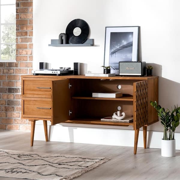 Sideboard Caramel Wood with Geometric Prism Detail Doors
