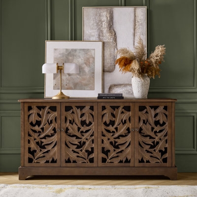 Sideboard Carved Wood 4 Door Buffet in Weathered Wood Tone