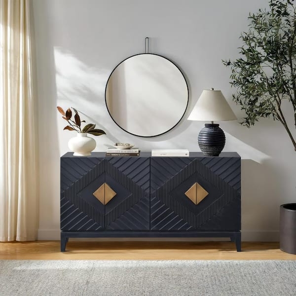 Sideboard Chevron Inlay Matte Black Finish Brass Base Industrial
