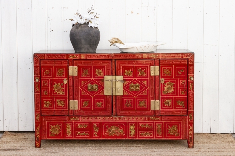 Sideboard Chinoiserie Buffet Hand Painted Bird Motif Brass Hardware