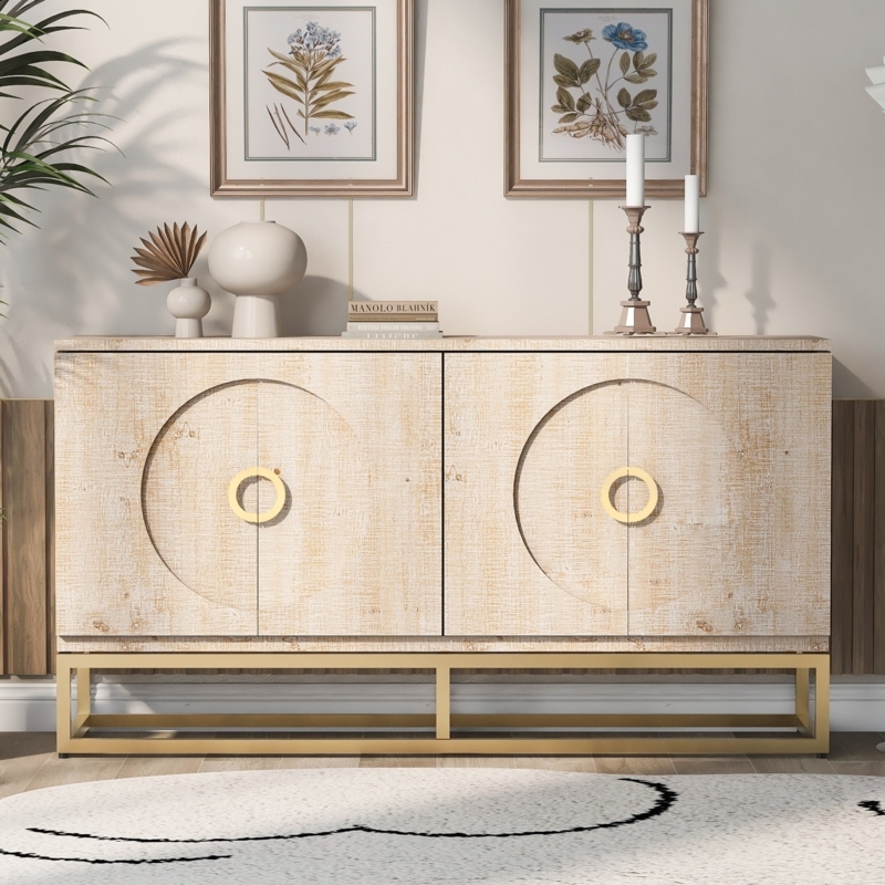 Sideboard Circular Handles Gold Toned Matte Finish Minimalist Cabinet