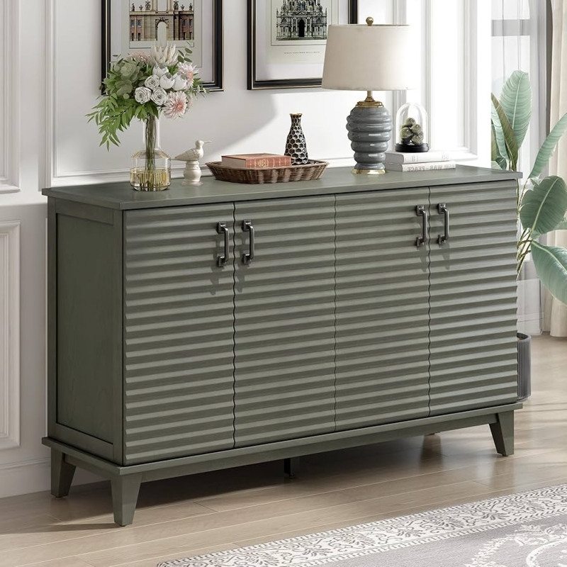 Sideboard Console, 60 Inch Wide with Fluted Doors and Gold Hardware