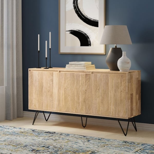 Sideboard Contemporary Chevron Pattern Natural Wood Iron Legs