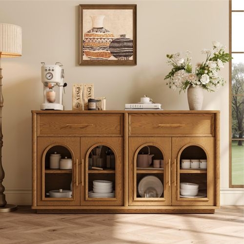 Sideboard Contemporary Fluted Front Stone Like Top Minimalist Design