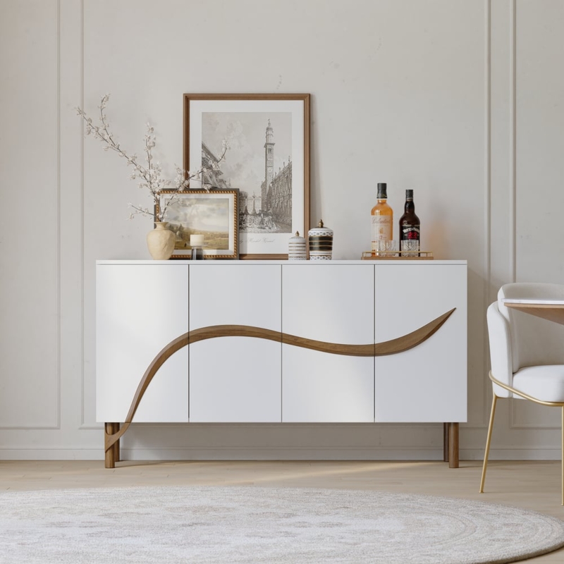 Sideboard Contemporary Four Door Buffet Table Slatted White Walnut