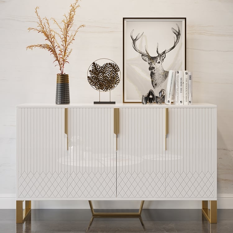 Sideboard Contemporary Ribbed Dining Buffet White Black Top Gold Legs