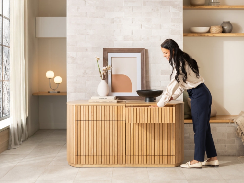 Sideboard Curved Wood Storage Vertical Slat Texture Natural