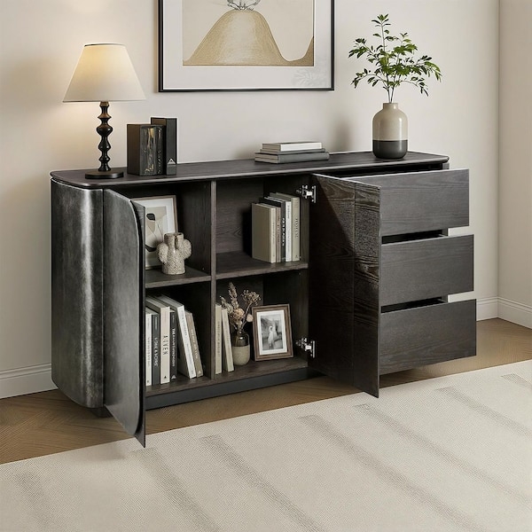 Sideboard Dark Brown Wood Buffet with Gold Tapered Legs