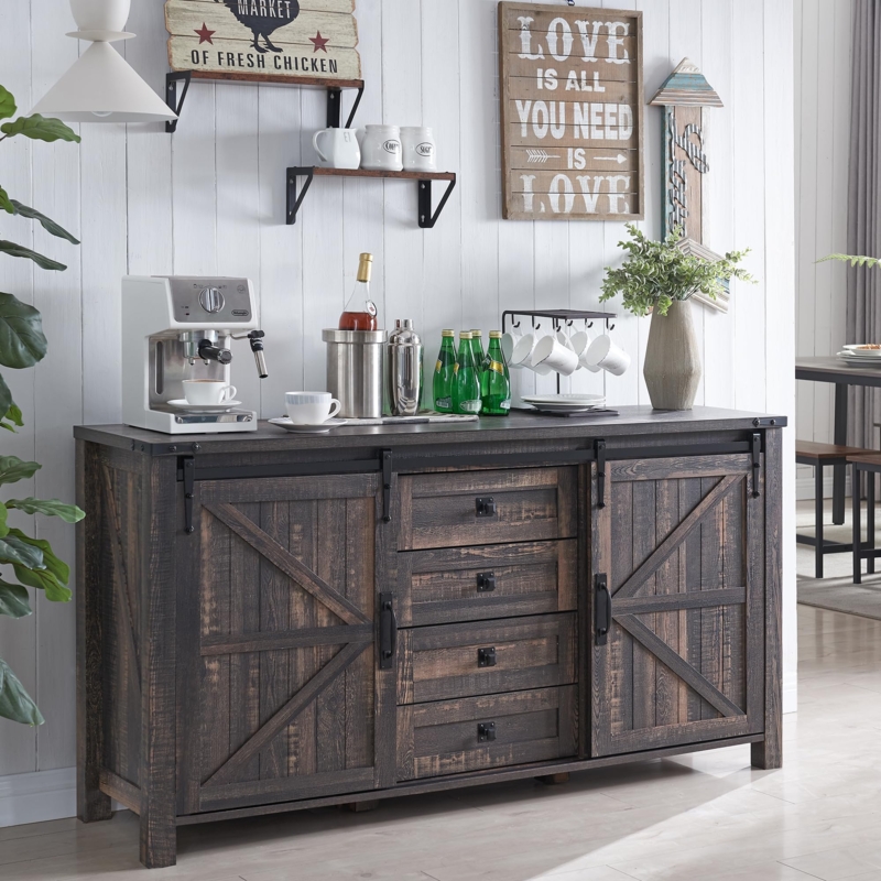 Sideboard Dark Oak Sliding Barn Door Buffet Cabinet