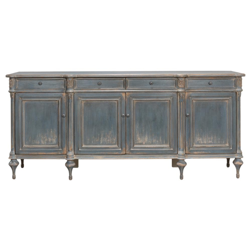 Sideboard Distressed Blue Wire Mesh Door Panels Bun Feet Cabinet