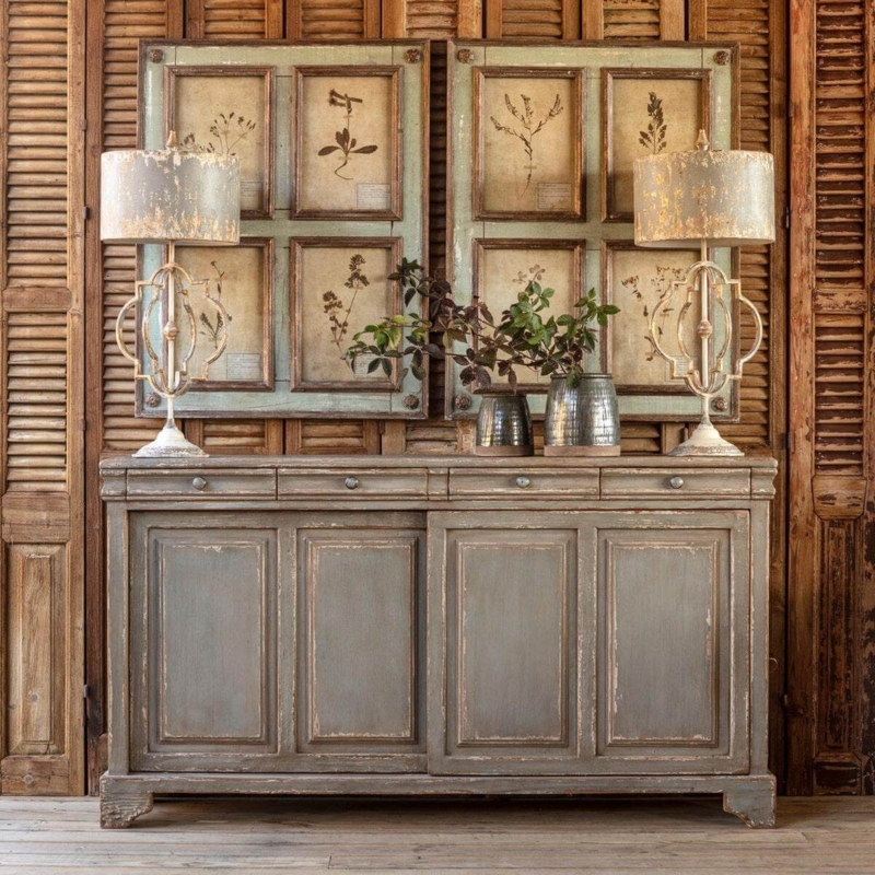 Sideboard Distressed Grey Finish Wire Mesh Doors Scrollwork Carvings