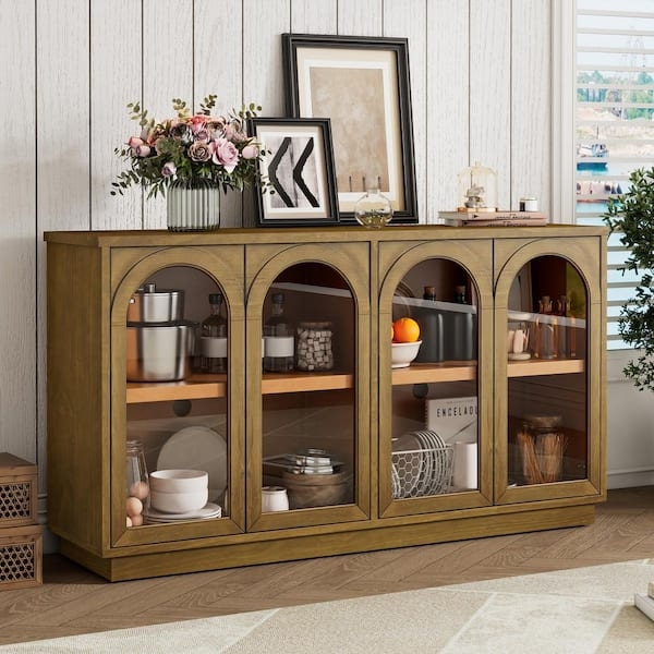 Sideboard Distressed Wood Four Glass Doors Mullion Detail