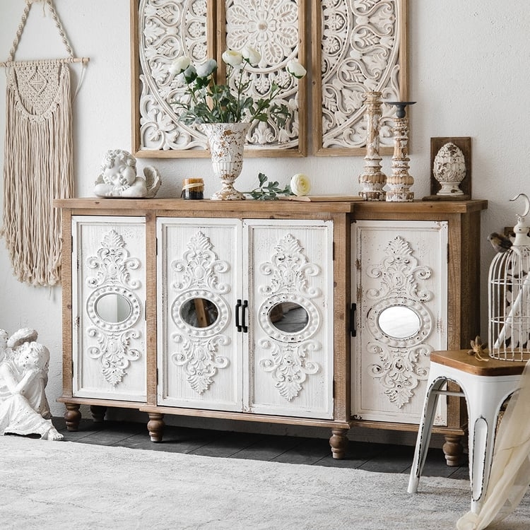 Sideboard Embossed Scrollwork Four Doors Warm Wood Finish Rustic