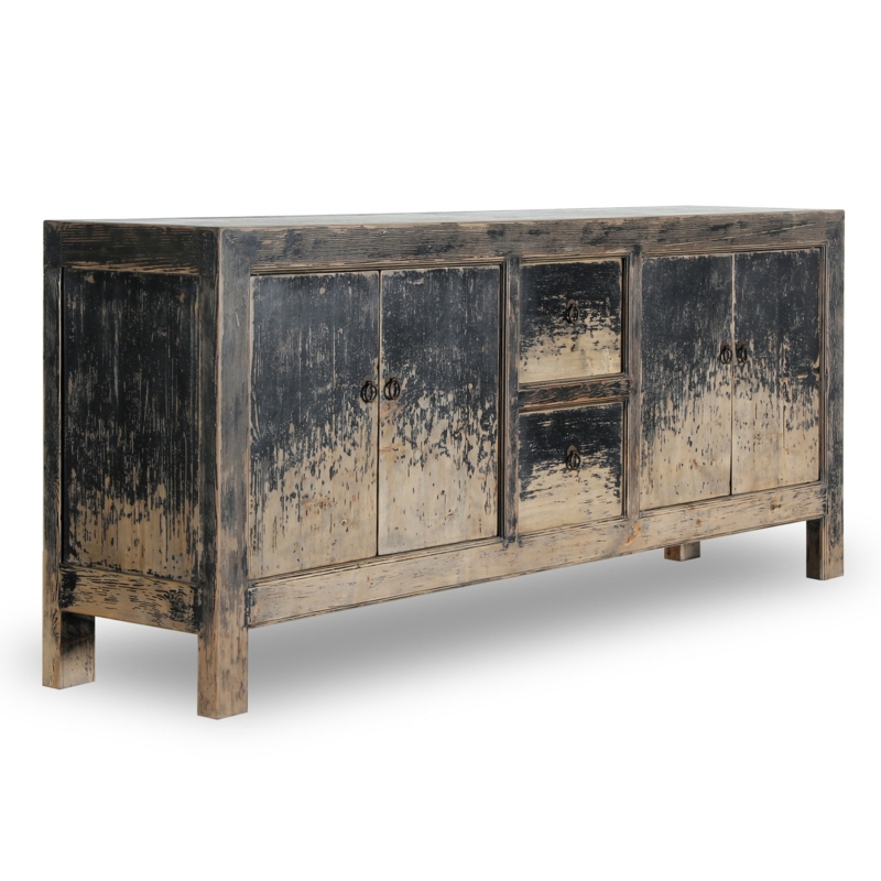 Sideboard Extra Wide Heavily Distressed Black Six Doors Farmhouse Style