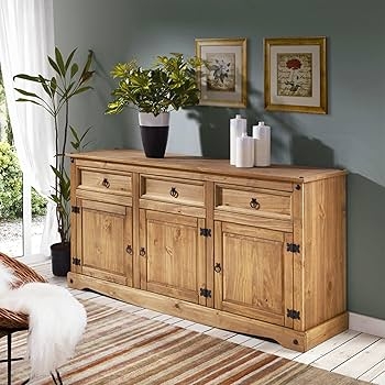 Sideboard Farmhouse Buffet with Drawer Storage Honey Brown Ring Pulls