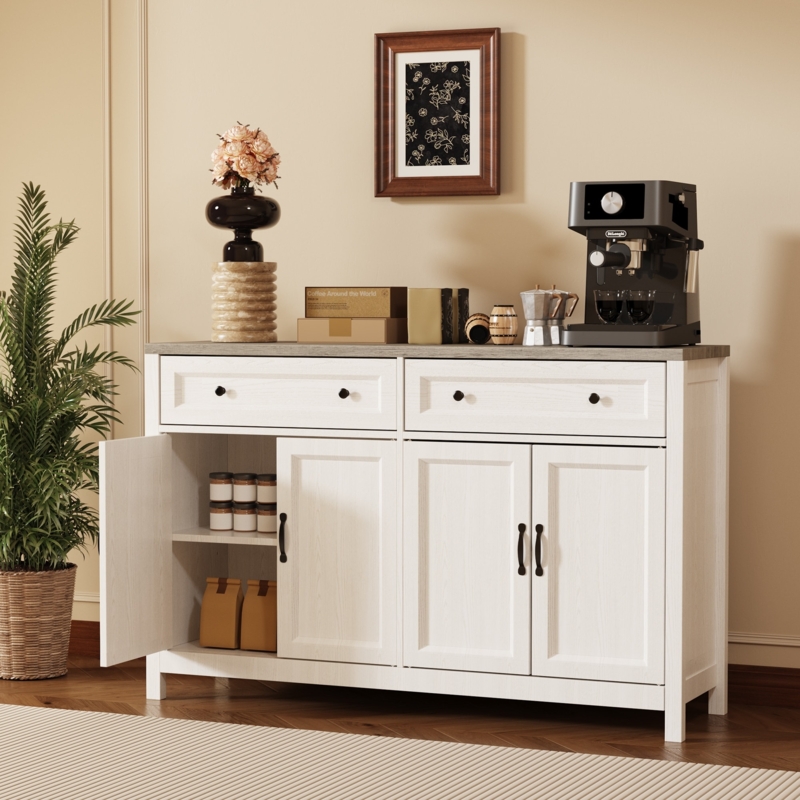 Sideboard Farmhouse Kitchen Storage Cream with Open Bottom Shelf