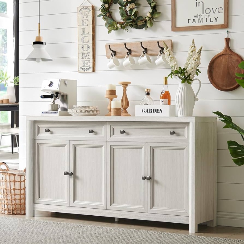 Sideboard Farmhouse White Buffet with Shaker Doors