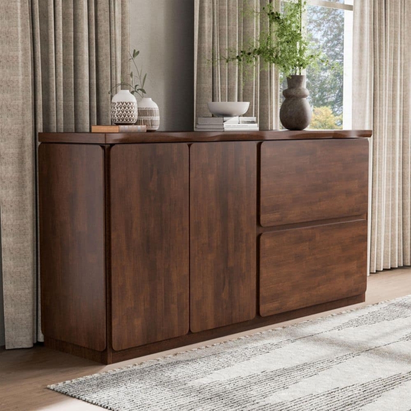 Sideboard Five Drawers Recessed Pulls Metal Base Mid-Century Credenza
