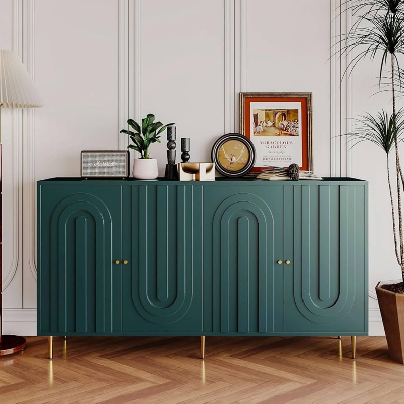Sideboard Fluted Door Accent Cabinet Olive Green Gold Hardware