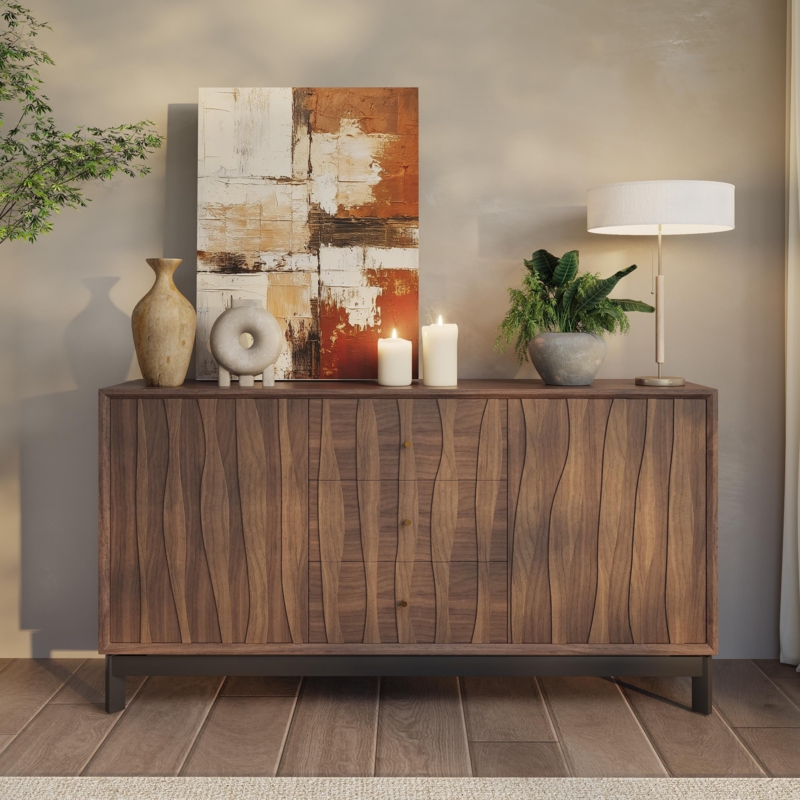 Sideboard Fluted Door Buffet Cabinet Walnut Integrated Pulls