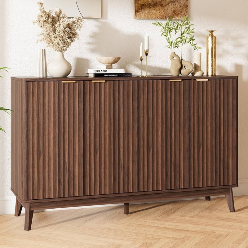 Sideboard Fluted Doors Gold Accents Dark Walnut Tapered Legs Credenza