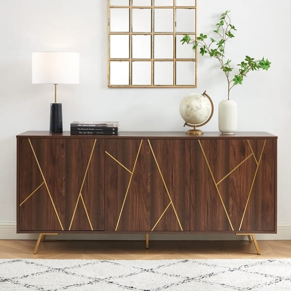 Sideboard Fluted Four Door Cabinet Gold Tapered Legs Mid Century