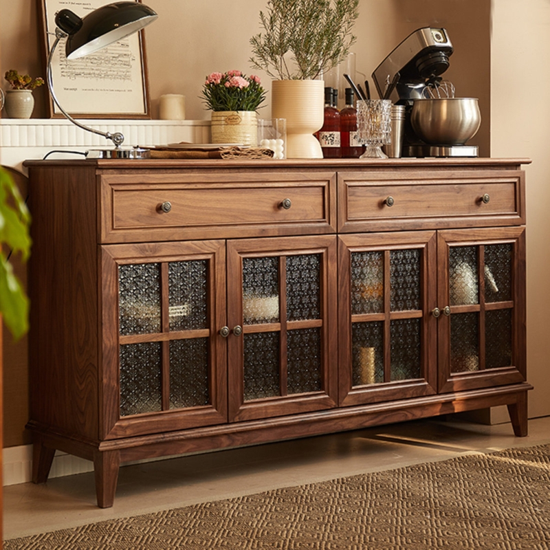 Sideboard Fluted Glass Sliding Doors Walnut Tapered Legs Buffet